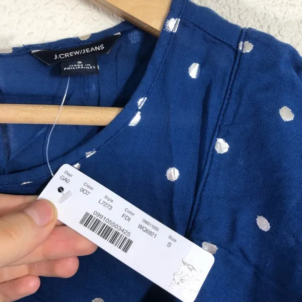 NWT J. Crew Ruffle Flutter Sleeve Metallic Polka Dot Top - foil Indigo Silver - Image 5