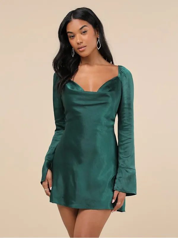 LULU’S Sensational Fate Emerald Green Satin Cowl Neck Mini Dress - Image 5