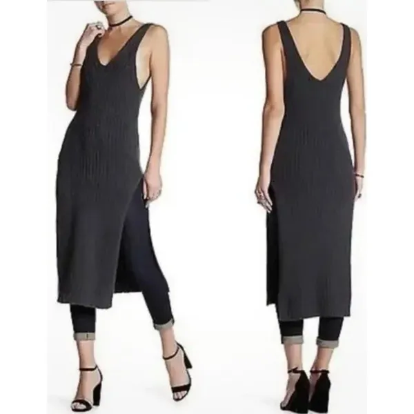 FREE PEOPLE Emmy Ribbed V-Neck Sweater Dress Cotton Small Petite GRAPHITE Slits‎ - Image 2