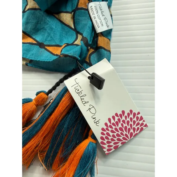 Tickled‎ Pink Teal Retro Tassel Scarf 100% Cotton Geometric Print NWT 20x70" - Image 2