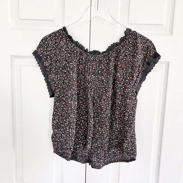 Lucky Brand Printed Button Front Peasant Top in Raven Multi - Image 8
