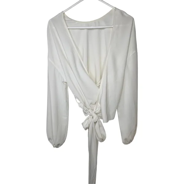 Wilfred Aritzia White Wrap Blouse Womens S Silk Trim Balloon Sleeve Cropped Top - Image 10