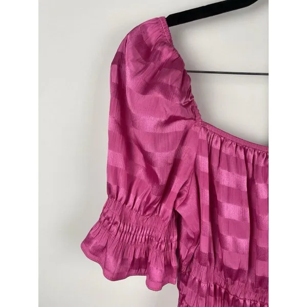 1.STATE‎ Hot Pink Shadow Stripe Puff Sleeve Shirred Waist Square Neck Top Sz M - Image 2