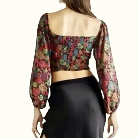 Free People Oh Lala Black Multi Off The Shoulder Floral Chiffon Top Size Medium - Image 2