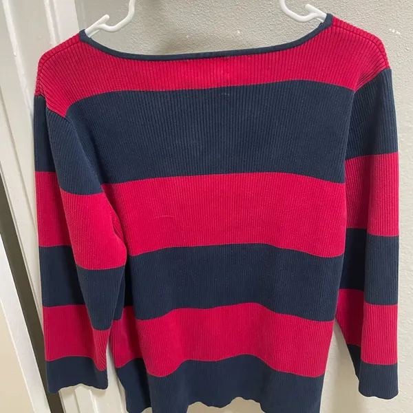 Vintage Lauren Ralph Lauren Red and Blue Striped Crew Neck Jumper Size 2XL - Image 4