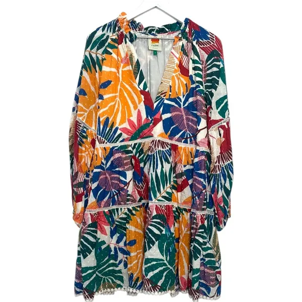 FARM Rio Tropical Parrot Leaf Print Tiered Mini Dress Size Small - Image 2