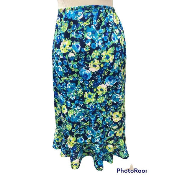 Vtg 90s size L Floral blue green white stretchy ruffle hem skirt feminine retro - Image 4