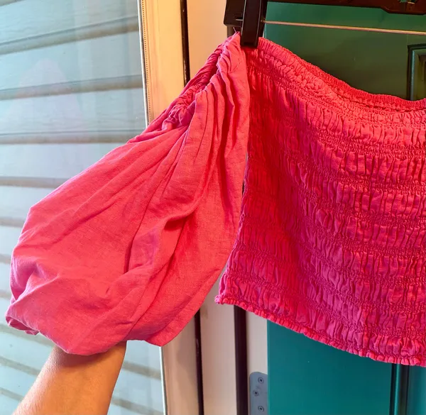 Young Fabulous & Broke Pink Linen Smocked Puff Sleeve Top Wide Leg Slit Pant Set Extra Small - Image 9