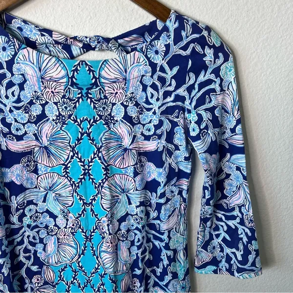 Lilly Pulitzer Blue Floral Printed Mini‎ Dress 3/4 Sleeves Boatneck Women’s XXS - Image 5