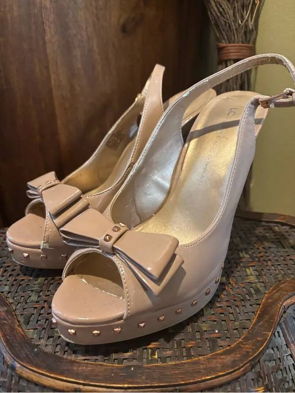 LC Lauren Conrad Blush Patent Peep-Toe Slingback Heels with Bow - Image 2