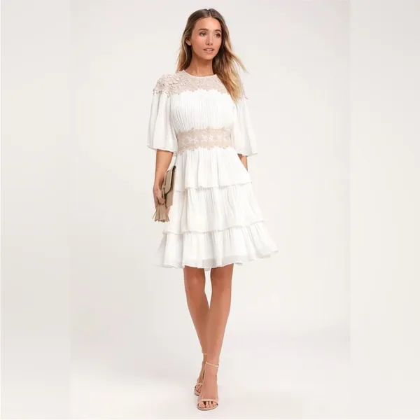 Lulus Westwind White Lace Pleated Tiered Chiffon Dress Crocheted Floral Top Sz L - Image 16