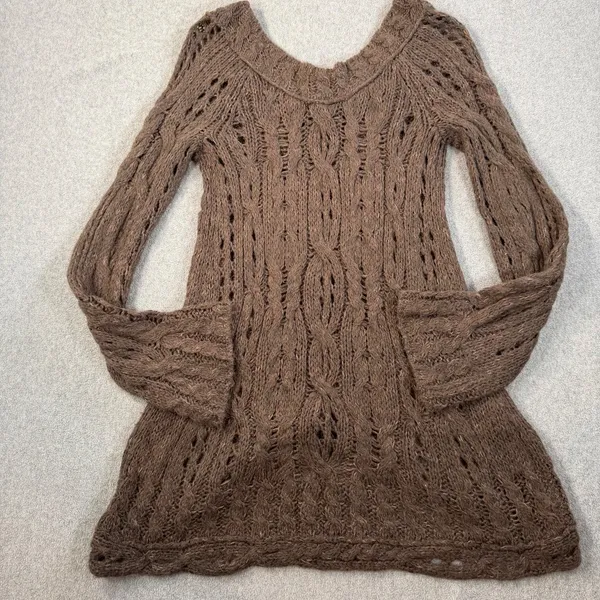 Free People Open Knit Off Shoulder Tunic Sweater Women's Large Brown Long Sleeve - Image 10