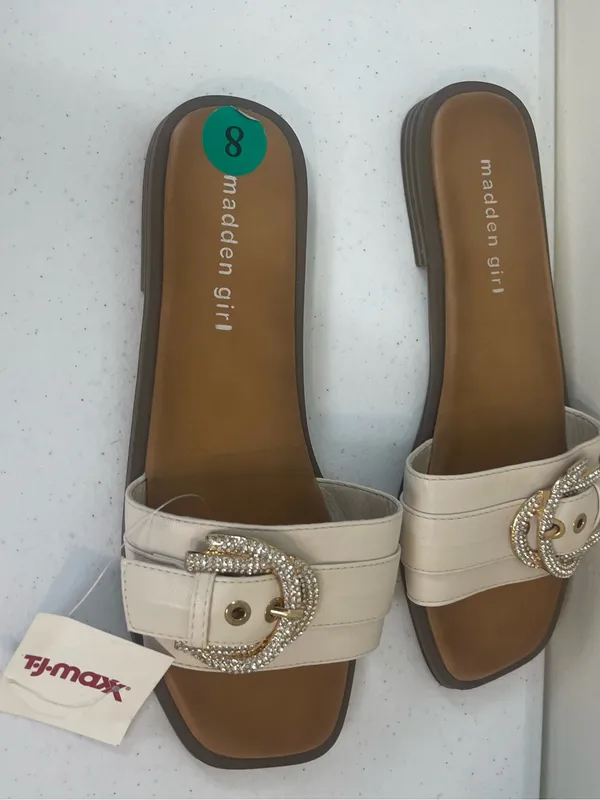 Madden Girl Cream Slide Sandals with Rhinestone Buckle - Image 5