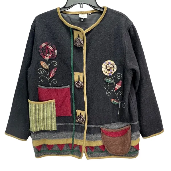 Parsley & Sage Sweater Jacket Womens S Black Multi Wool Patchwork Artful Cottage - Image 3