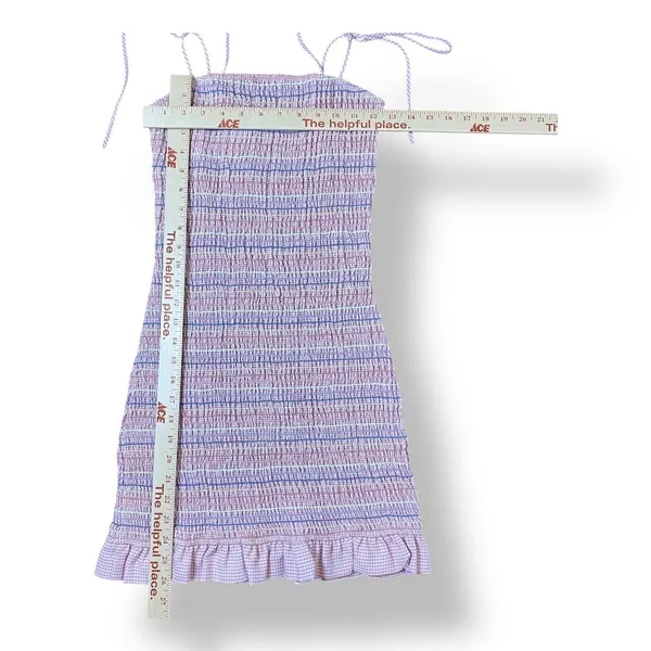 Storia Smocked Striped Gingham‎ Ruffled Mini Dress Size M Preppy Flirty - Image 2