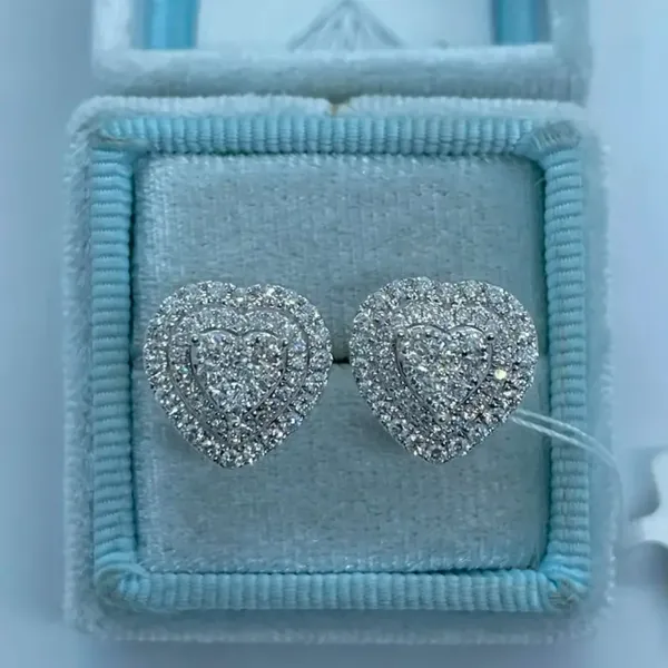 14K White Gold Plated Heart Cluster Stud Earrings NWT | Simulated Diamond - Image 3