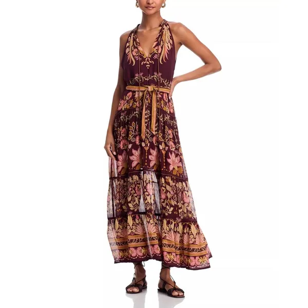 Farm Rio Maxi Dress Women Medium Burgundy Floral Tiered Beaded Tassel Boho - Image 2