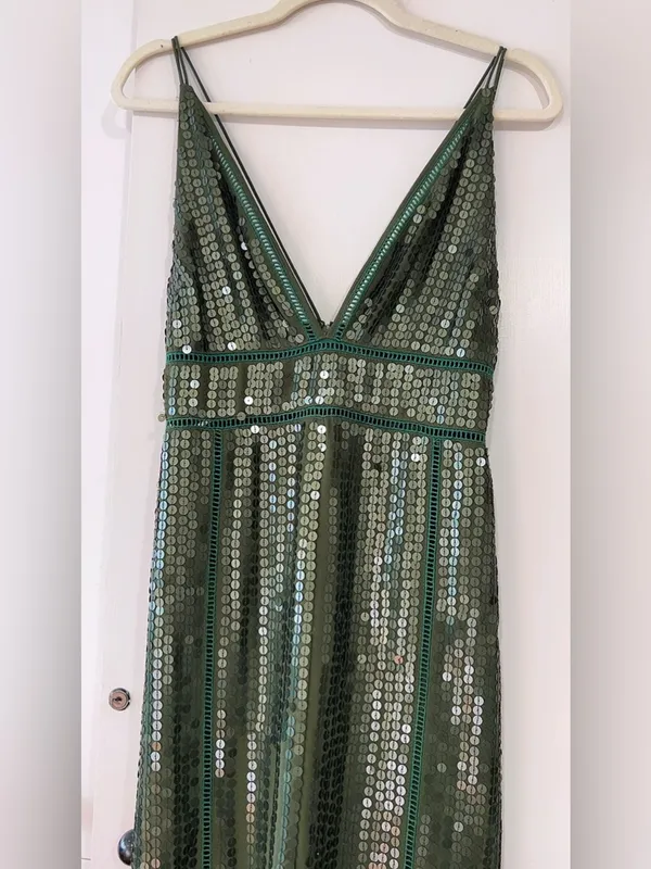 ASOS Olive Green Sequin Maxi Dress Deep V Front Slit Glam Evening Gown US 6 - Image 2