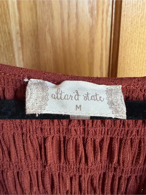 Altar’d State Smocked V-Neck Tiered Ruffle Mini Dress Rust Brown Orange Boho M - Image 5
