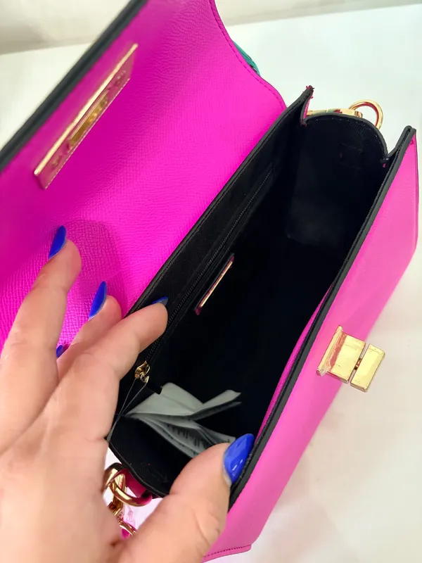 ALDO Hot Pink Satchel Handbag Scarf Handle Gold Hardware Statement Y2K - Image 12