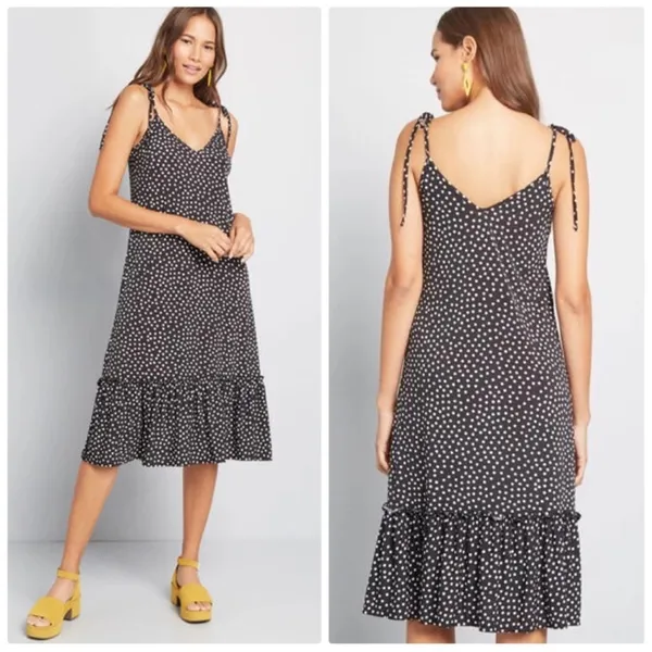 Modcloth Black Polka Dot It's a Go Tie Shoulder V Neck Ruffle Hem Midi Dress - Image 3
