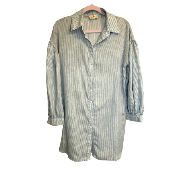 Blue and White Striped Palms Away Shirt Dress - Size M - Image 13