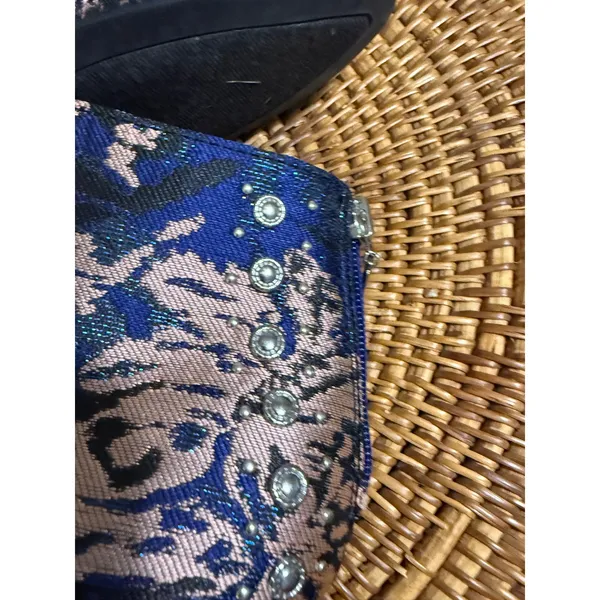 G by GUESS Women Blue Rose Gold Floral Brocade Studded Block Heel Ankle Boots - Image 7