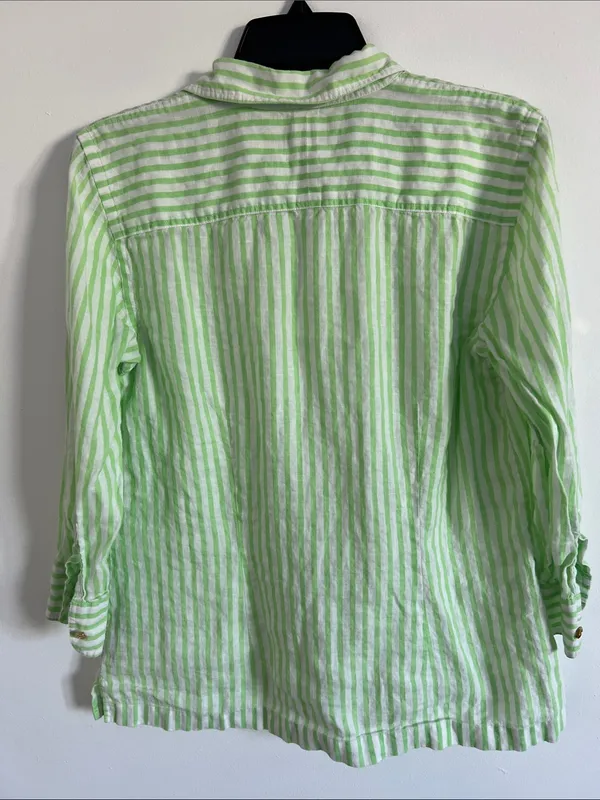 Ralph Lauren Green White Striped Linen Shirt M Preppy Coastal Classic Relaxed Fi - Image 3