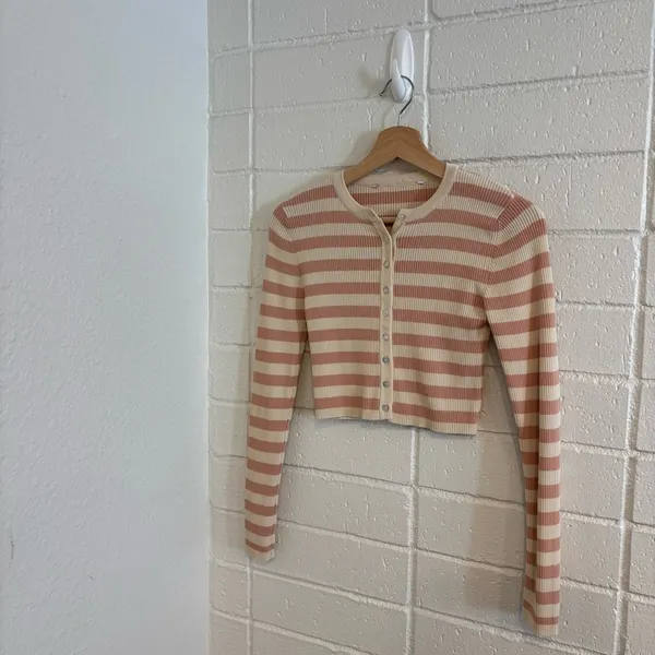 Zara striped knit cardigan in pink and cream - Image 2