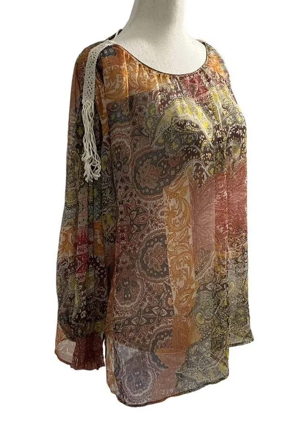 Zara Women Size Medium Blouse Sheer Bohemian Long Sleeve 7-216 - Image 2