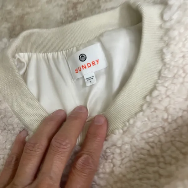 Sundry Faux Fur Sherpa Sweatshirt Cream Rainbow Striped Cuffs Size 1 Small - Image 5