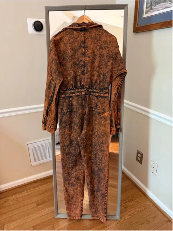 MEBON Black Orange Acid Wash Denim Jumpsuit Large - Image 6