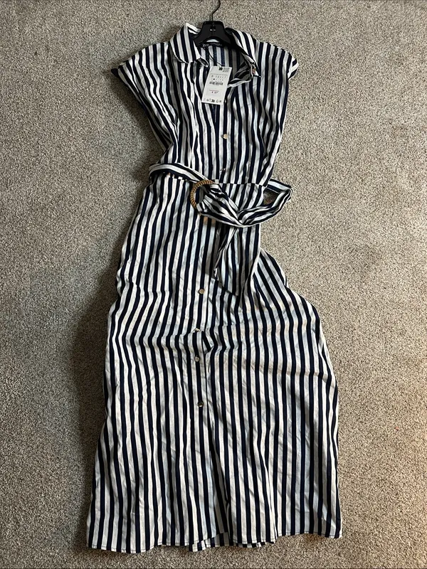 Zara Striped Linen Blend Button-Front Midi Dress Waist Tie - Navy & White - Image 4