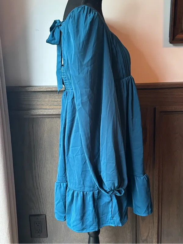 New In Teal Long-Sleeve Pleated Babydoll Dress large nwt - Image 5