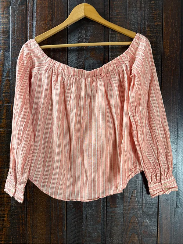 Free People Linen Striped Off-Shoulder Tie-Front Top Small - Image 6