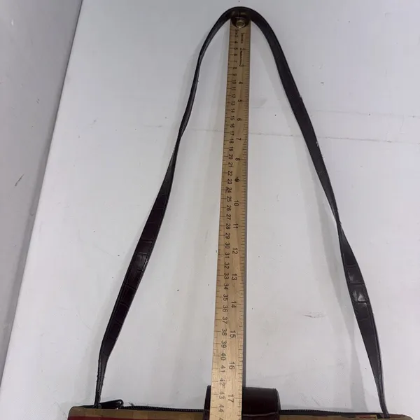 Vintage Brighton Style Y2K Handbag Brown‎ Leather Hearts Trim Plaid Straw Purse - Image 8