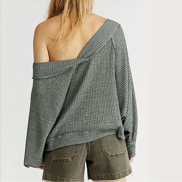 We The Free People Westend Thermal Off-Shoulder Army‎ Green Sweater - Image 3