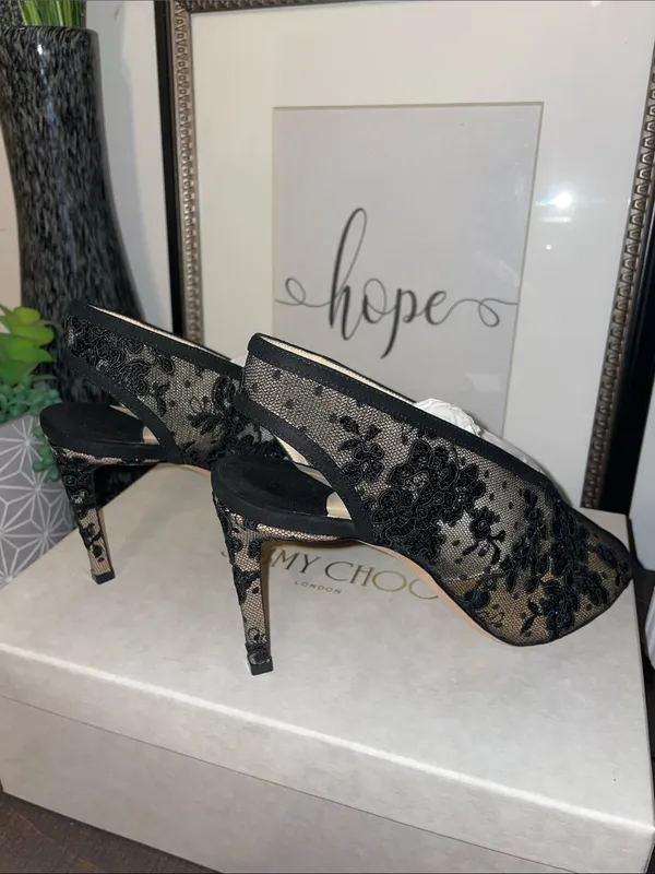Jimmy Choo Shar 85 Black Floral Lace Peep-Toe Heels Size US 9 / EU 39 MSRP $1200 - Image 8