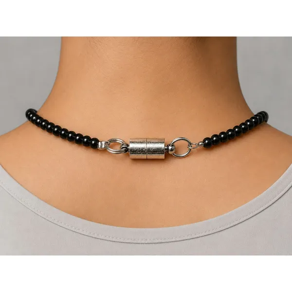 Black Beaded ID Badge Holder Lanyard 32 Inch Magnetic Clasp Swivel Clip - Image 4