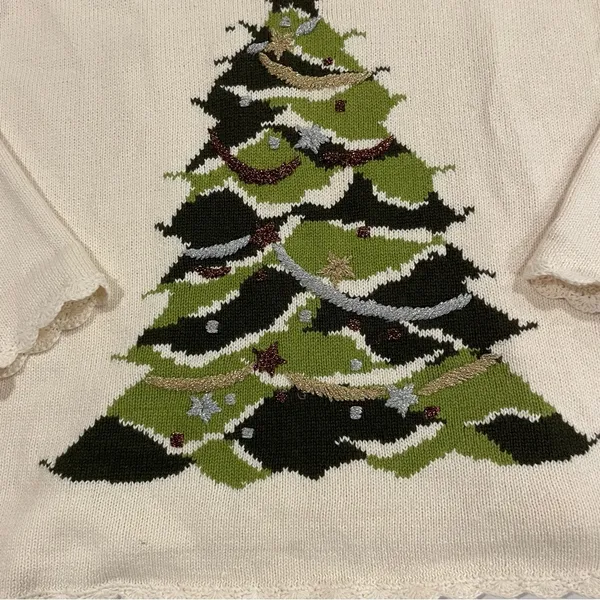 Vintage cream Christmas tree Grannycore coastal grandma scallop neck sweater 🎄 - Image 7