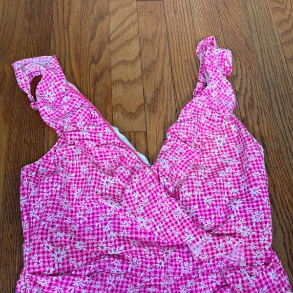 Lilly Pulitzer‎ Pink Gingham Floral Ruffle Wrap One Piece Swimsuit size 14 - Image 3