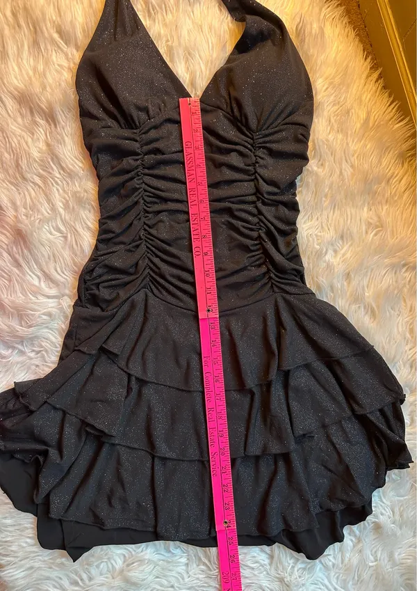 La Belle Vintage Y2K Black Glitter Ruched Halter Tiered Dress Medium Homecoming - Image 16