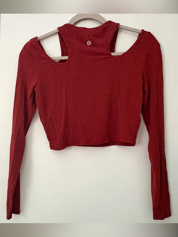 lululemon athletica Deep Red Cold-Shoulder Long Sleeve Crop Top - Image 2