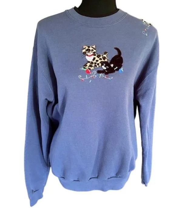 Vintage Cat Sweatshirt by Morning Sun Size Large, Embroidered Holiday Kittens - Image 2