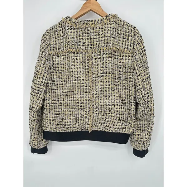Ann Taylor Tweed‎ Jacket Bomber Zip Blazer Size 8 Fringe Career Yellow Metallic - Image 6