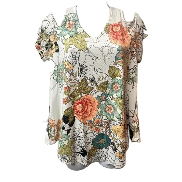 Gaze Women’s Floral Cold‎ Shoulder Top Size Large - Image 3