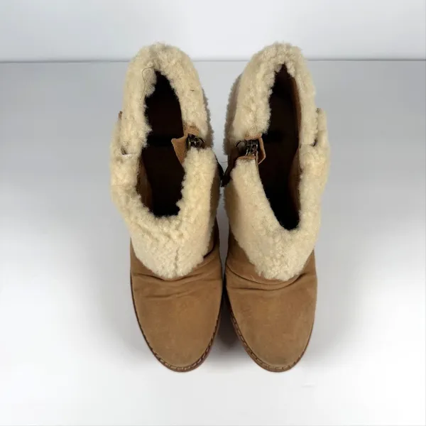 UGG Boots Womens Size 8 Brown Suede Shearling Ankle Cone Heel Zip Cuff Booties - Image 2