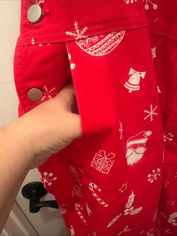 Christmas Red Printed Women’s Jeans Overalls with Holiday Motif size Large new - Image 3