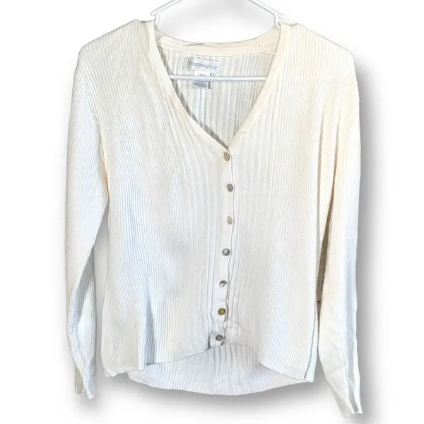 Vintage Worthington Cardigan Sweater Oatmeal Ribbed Knit V-neck Long Sleeve‎ - Image 2