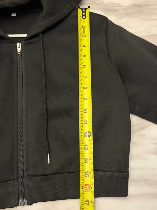 Black Cropped Full Zip Hoodie Sweatshirt Medium Drawstring Long Sleeve M - Image 2